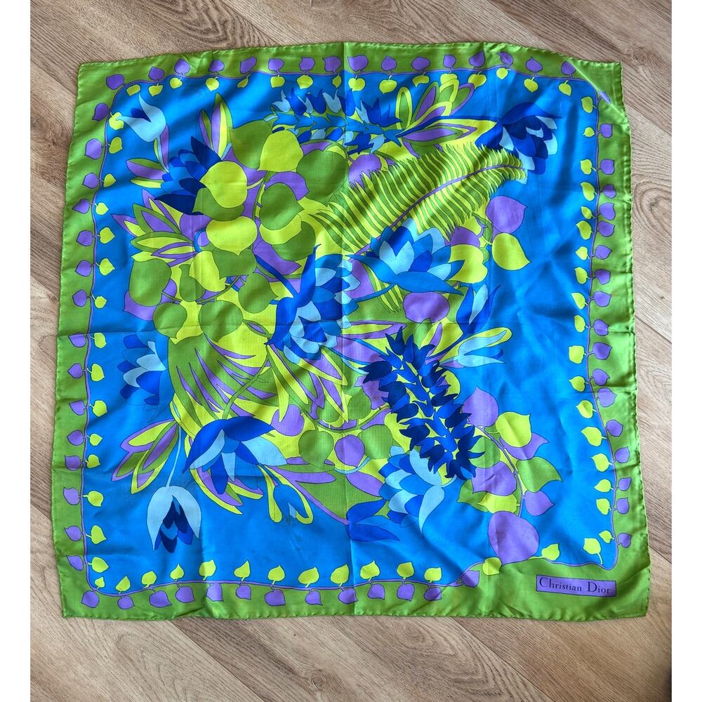 Vintage Christian Dior Italy Floral Silk Scarf Blue Green 30x30
